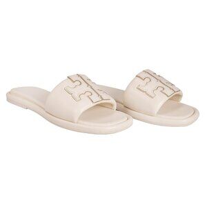 Tory Burch Women's Double T Leather Sport Slide Light Cream Gold Box Dust bag